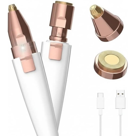 2-in-1 Eyebrow Trimmer for Women, Facial Hair Remover for Face, Upper Lips, Cheek, Chin and Nose, USB Rechargeable with Ring Light, White