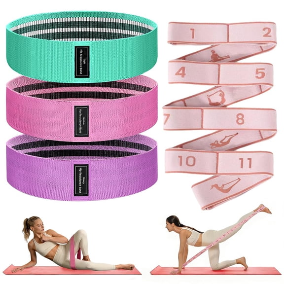 2-in-1 Fabric Resistance Bands Set & 12-Loop Numbered Elastic Stretching Strap - Non-Slip Booty Bands for Glute Workout, Stretchy Yoga Belt for Physical Therapy & Rehab