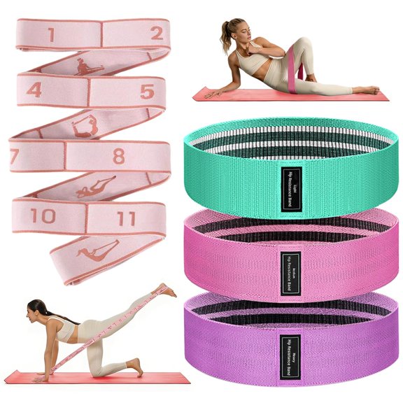 2-in-1 Fabric Resistance Bands Set & Numbered Elastic Stretching Strap - Non-Slip Glute Bands for Women, 12-Loop Stretch Workout Band with Visual Guide for Flexibility, Yoga, Rehab