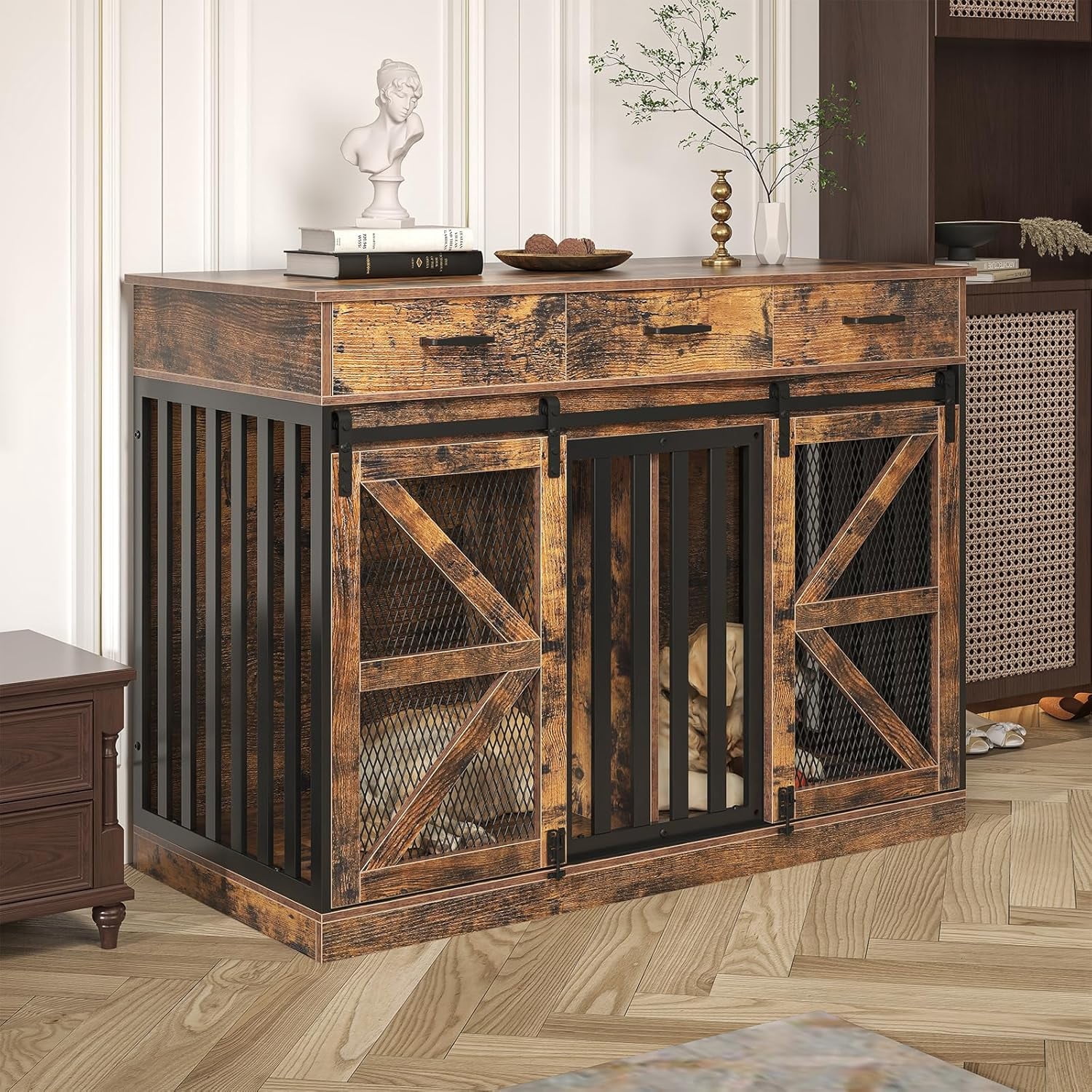 2-in-1 Farmhouse Dog Crate Furniture - Wooden Large Dog Kennel with Drawers Storage - Double Doors - Indoor TV Stand - Inner Height: 24 Inches - Ideal for One Big Dog or Two Small Dogs