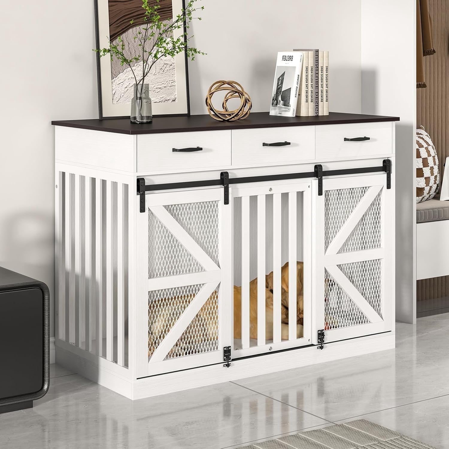 2-in-1 Farmhouse Dog Crate Furniture - Wooden Large Dog Kennel