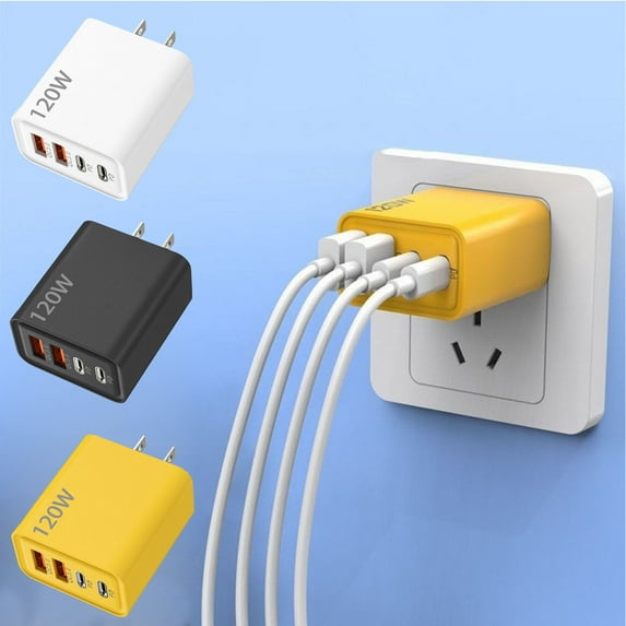 2-in-1 Fast Charger,120W Fast Charger with 2 Type-C and 2 USB Ports,Portable Charging Adapter for Phone Tablet Laptops,High-Efficiency Charging for Home Office Car