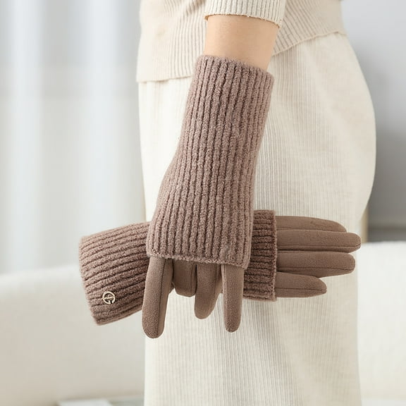 2-in-1 Faux Suede Gloves with Ribbed Knit Wrist Warmers