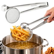 2-in-1 Fine Mesh Strainer Tongs Stainless Steel Oil Filter Spoon - Skimmer Clip Scoop Hold Drain, Fine Mesh Frying