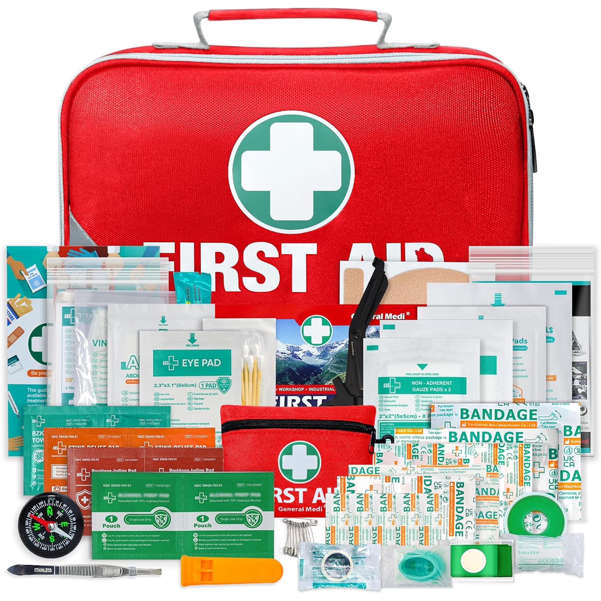 General Medi First Aid Kit 215-Piece 2-in-1 with Bonus 43-Piece Mini Kit, Includes Eyewash, Cold Pack, Moleskin Pads,Emergency Blanket - Ideal for Home, Travel,Car, Office, Camping