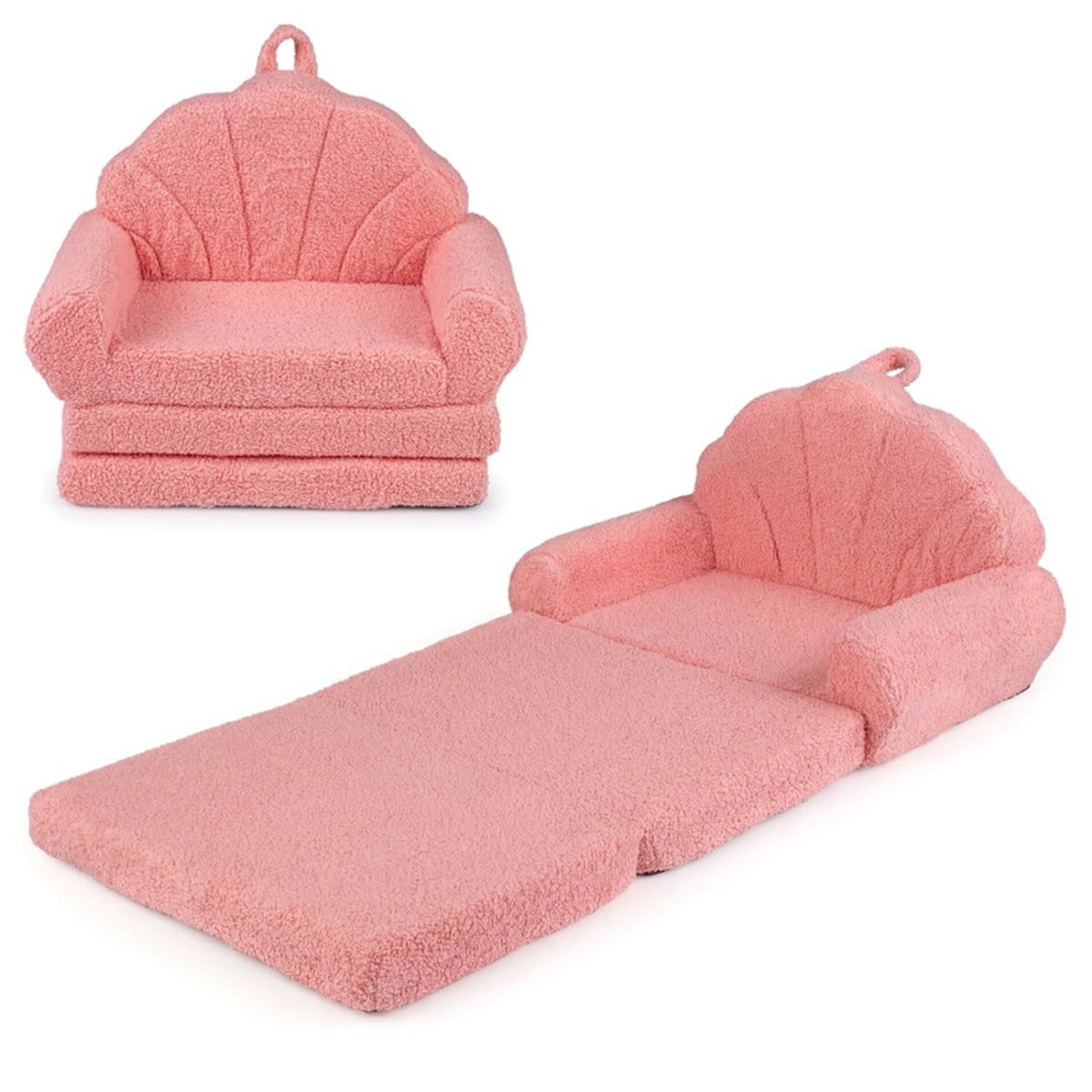 2-in-1 Flip Open Kids Sofa Lounger, Teddy Fleece Toddler Couch with Carry Handle, Converts from Sofa to Lounger, Removable Washable Cover, for Ages 3-8 (Pink)