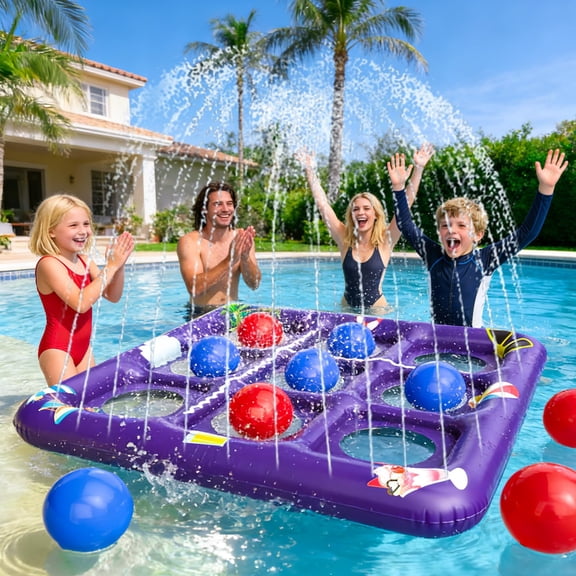 2-in-1 Floating Lawn Tic Tac Pool Game with Sprinkler, 10 Balls, Purple