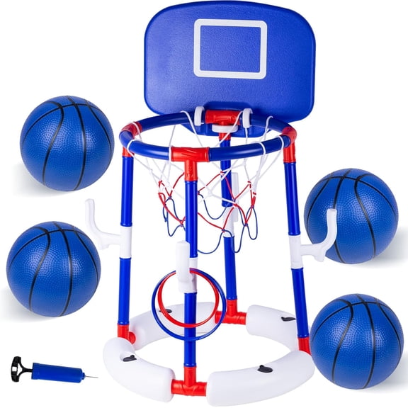 2-in-1 Floating Pool Basketball Hoop Set,Blue Swimming Pool Basketball Hoop with Backboard,4 Balls,6 Rings & Pump,Water Basketball Hoop for Pool Party Fun & Outdoor Indoor Pool Toys