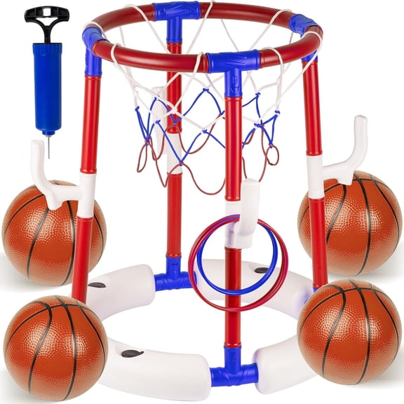 2-in-1 Floating Pool Basketball Hoop Set with Backboard, Ring Toss Game for Water Fun, Outdoor Indoor Family Pool Toys for Kids Ages 4-12