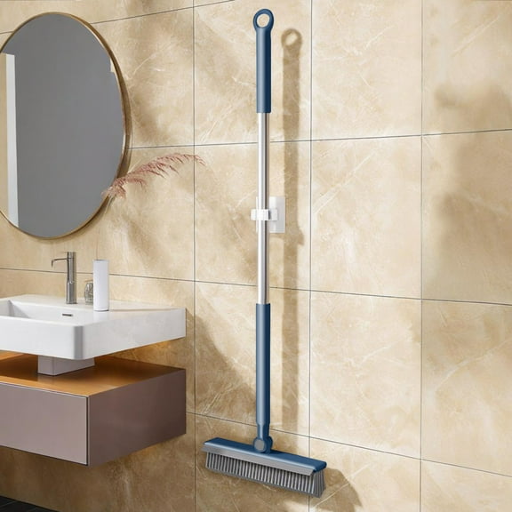 2-in-1 Floor Cleaning Brush with Handle | V-Shape Stiff Bristle Grout Scraper, Squeegee | 180° Rotating Head, White Navy Plastic, 42" x 10", Easy Storage, Heavy-Duty Tile Grime Remover
