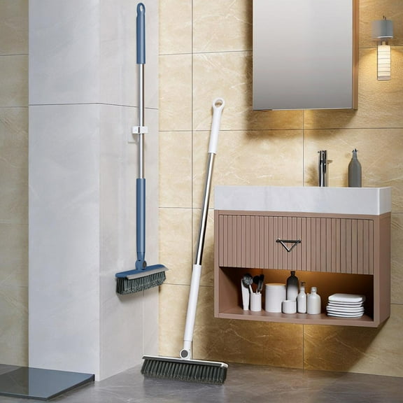 2-in-1 Floor Scrub Brush with Handle | Stiff V-Shaped Bristles & Integrated Squeegee | Pivoting 180° Head for Tile, Grout, Shower, Walls | Easy Assembly | 41.7 x 10.2 in | White or Navy | 1 Piece