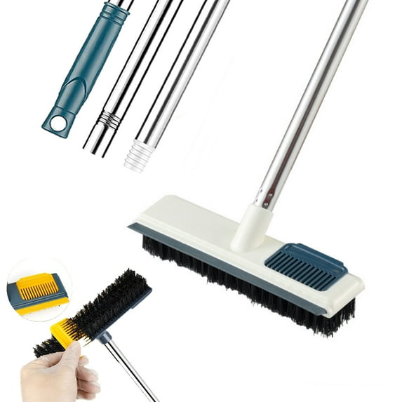 2-in-1 Floor Scrubber, Floor Scrub Brush with Adjustable Long Handle for Tile Garages Swimming Pool Patio and Kitchen
