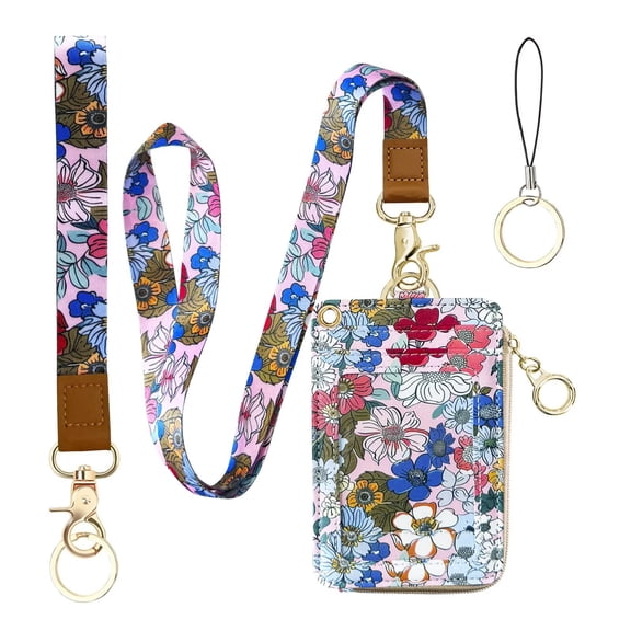 2-in-1 Floral Lanyard Wallet & ID Badge Holder, Vertical Leather ID Card Name Badge Holders with Small Zip ID Case Breakaway Wristlet & Cute Neck Lanyard for Offices, Woker, Teacher, Students
