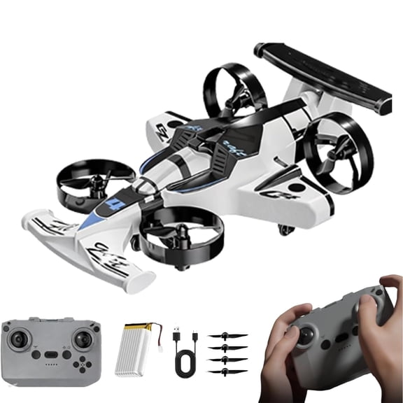 Rechargeable Dual-Mode Car Drone, 2-in-1 Flying Remote Control Car, Dual-Mode Rc Vehicle with LED Lights, One-Button Takeoff, Stunt Flips, USB Rechargeable Ground & Air Remote Control Toy (White)