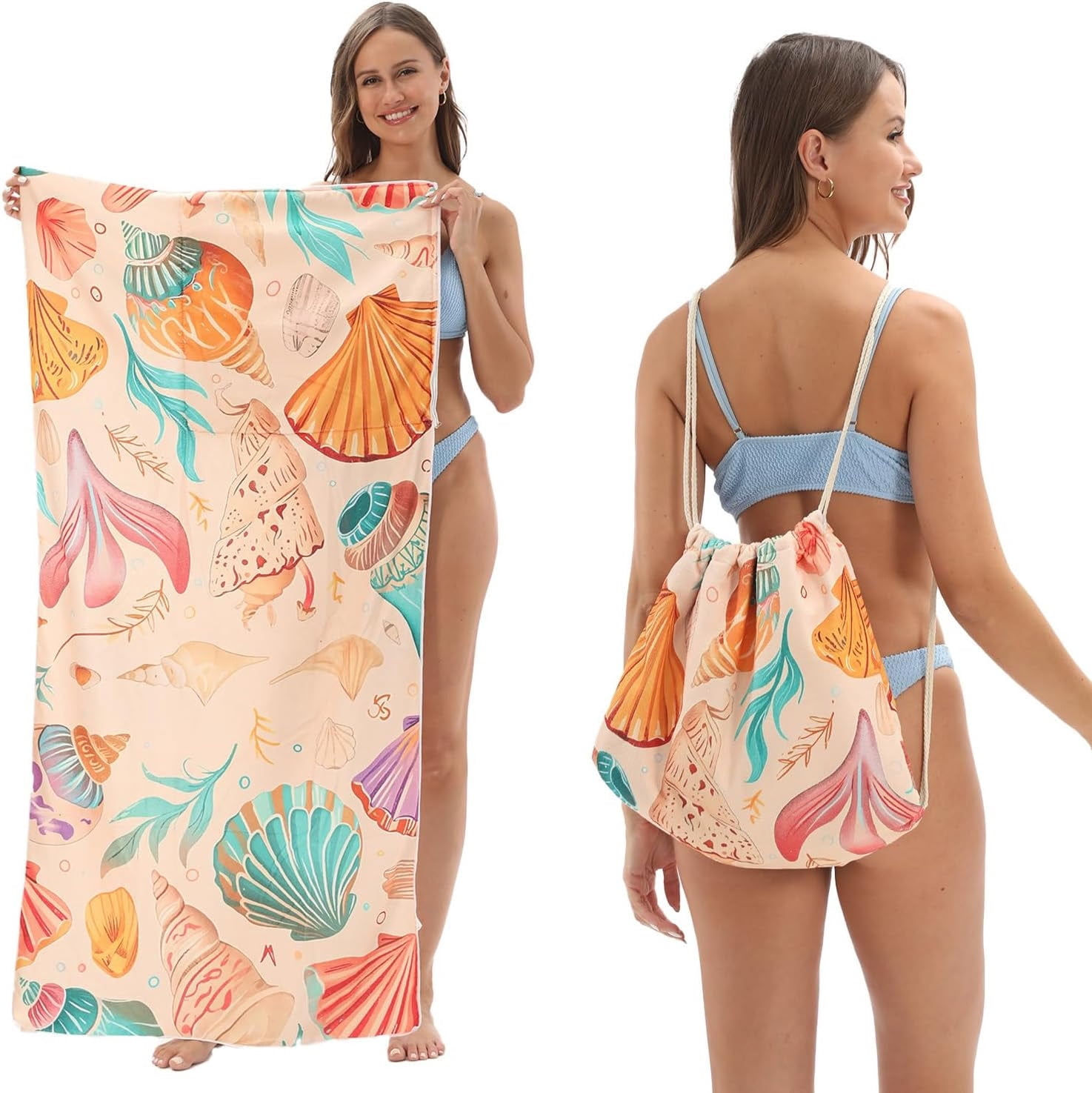 HannaFires 2-in-1 Foldable Beach Towel Backpack - Printed Microfiber Mat With Storage Pocket