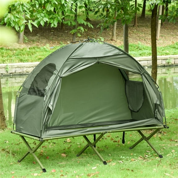 2-in-1 Foldable Camping Tent with Elevated Cot, Off-Ground Camping Cot with Carry Bag, Outdoor Portable Single Sleeping Cot Camping Bed for Hiking, Easy to Set Up & Tear Down, Green
