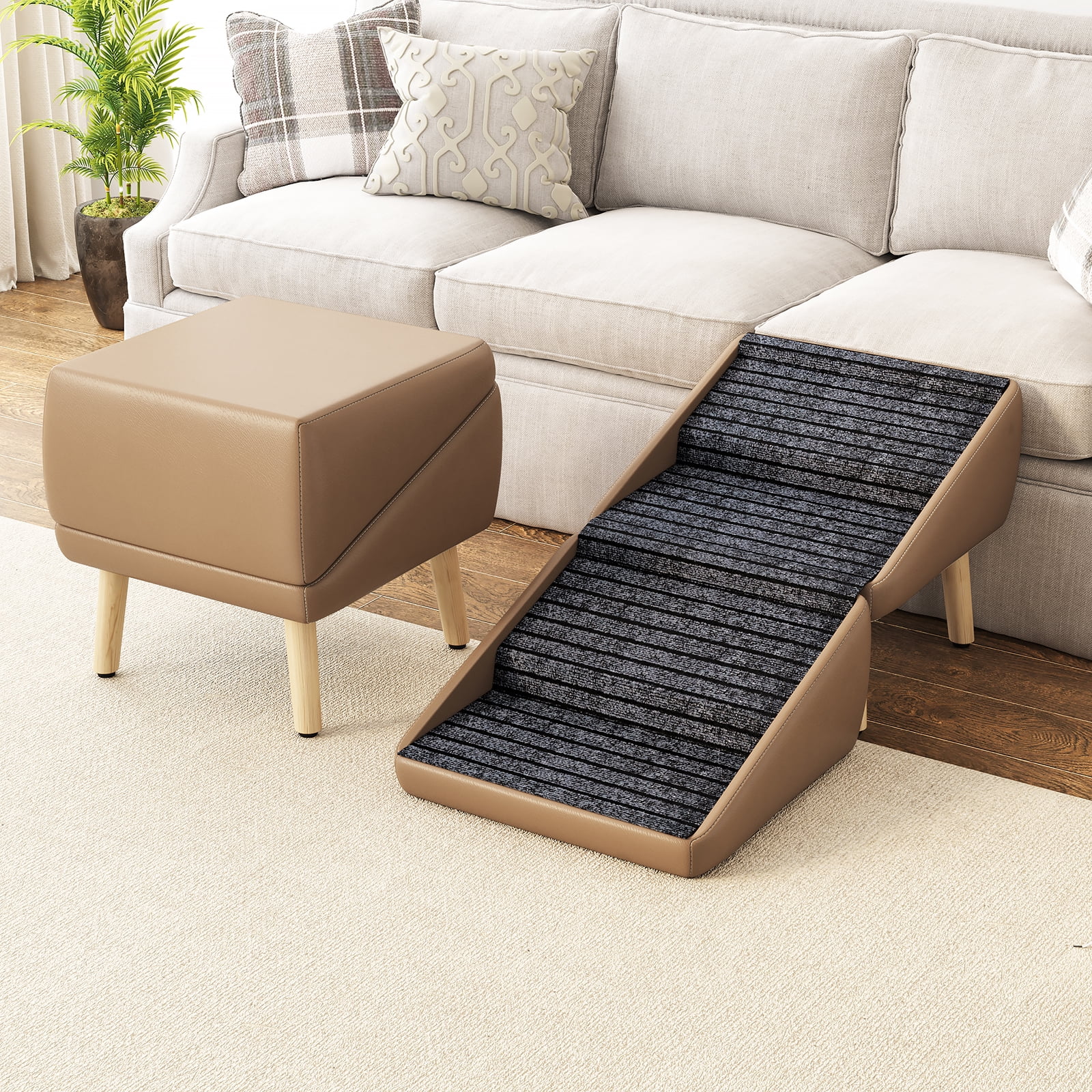 2-in-1 Foldable Dog Stairs & Ottoman, Wooden Non-Slip Pet Steps for Small Dogs, Gradual Slope Pet Ramp for Couch Bed, Furniture-Style Pet Stairs for Puppy Senior Injured Dogs