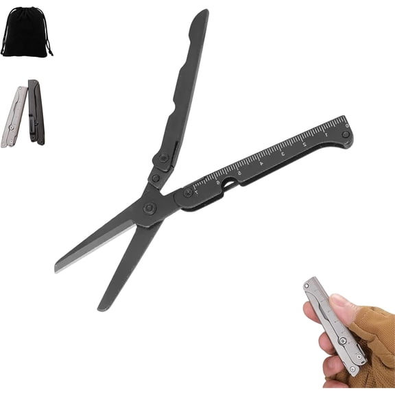 2-in-1 Foldable Edc Scissors with Built-In Ruler, Lightweight Edc Scissors Multitool, Stainless Steel Mini Portable Travel Scissor, Compact Yet Powerful for Camping Outdoor and Daily Use (grey b)