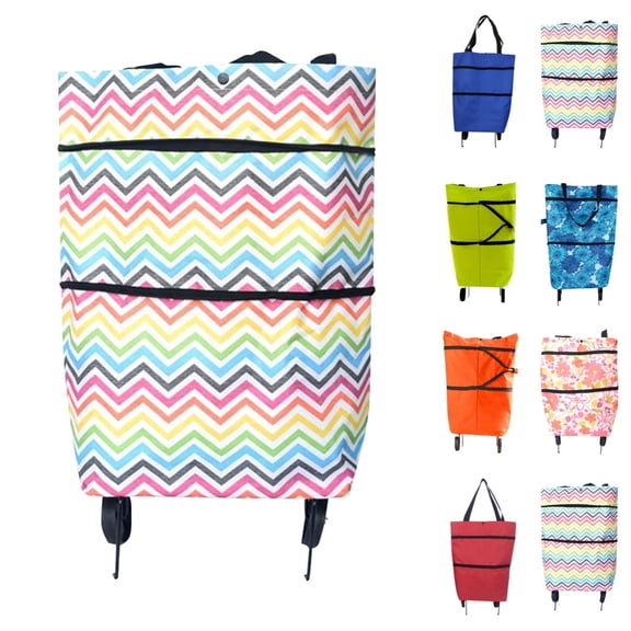 2-in-1 Foldable Foldable Shopping Bag with Wheels, Oxford Cloth Trolley Bag Portable Reusable Grocery Cart