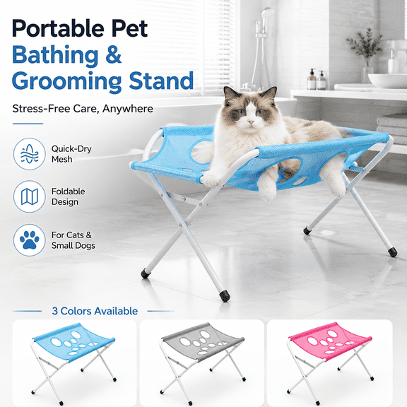 2-in-1 Foldable Pet Grooming Bed, Breathable Mesh Bathing Stand with Paw Openings, Restraint Straps and Comb for Small Dogs and Cats, 23.6 Inch, Multiple Colors Available,Sky Blue