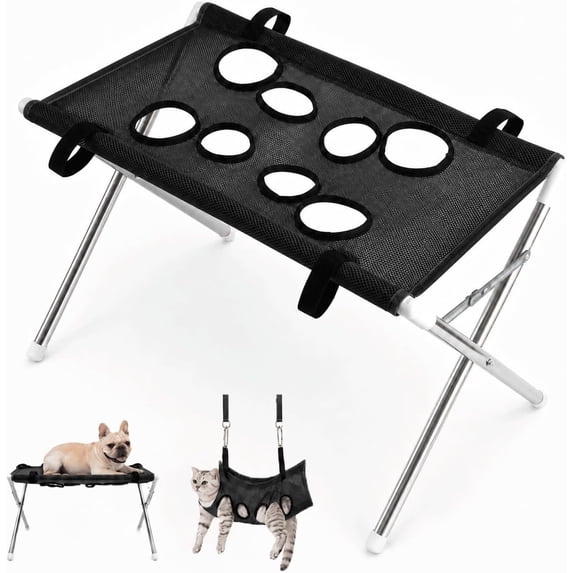 2-in-1 Foldable Pet Grooming Bed, Dog Bathing Station with Dog Grooming Hammock, Foldable Dog Grooming Table, Quick Dry Mesh Pet Shower Holder for Small Pets (Black)