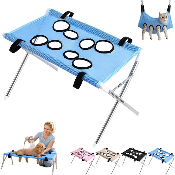 2-in-1 Foldable Pet Grooming Bed, Dog Grooming Table with Shower Hammock, Foldable Pet Bathing Station with Quick Dry Mesh Sling, Dog Bath Accessory for Home Care (Blue)