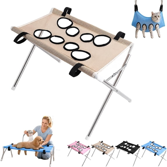 2-in-1 Foldable Pet Grooming Bed, Dog Grooming Table with Shower Hammock, Foldable Pet Bathing Station with Quick Dry Mesh Sling, Dog Bath Accessory for Home Care (Khaki)