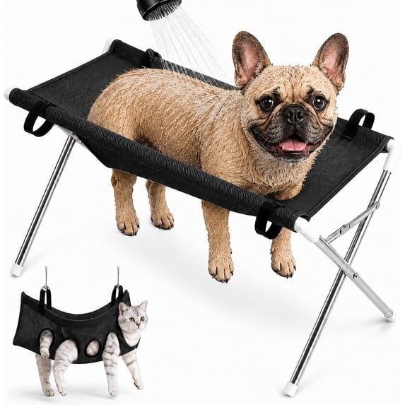 2-in-1 Foldable Pet Grooming Bed, Dog Shower Hammock with Quick Dry Mesh, Foldable Dog Grooming Table, Pet Bathing Station for Home Dog Bath and Grooming Care (Black)