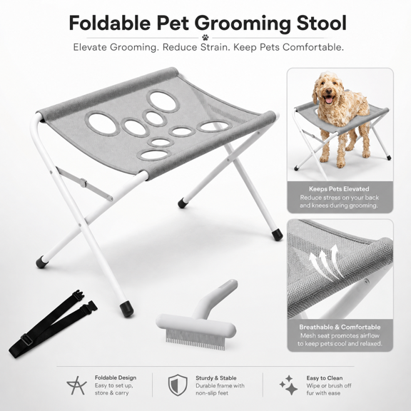 2-in-1 Foldable Pet Grooming Bed, Easy-Store Grooming and Bathing Stand for Small Dogs and Cats with Mesh Support, Paw Access Holes, Straps and Comb, 23.6 Inch,Light Gray
