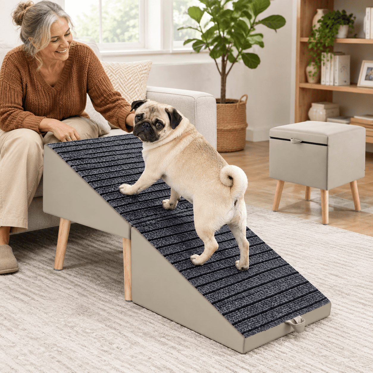 2-in-1 Foldable Pet Ramp Ottoman, Gray, 17.13