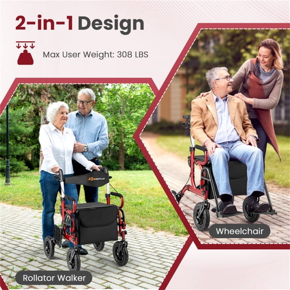 2-in-1 Foldable Rollator Walker with Seat & 9" All-Terrain Tires - 6-Level Adjustable Height Mobility Aid for Seniors & Adults, 308lbs Capacity, Portable for Travel, Shopping, Outdoor (Red)