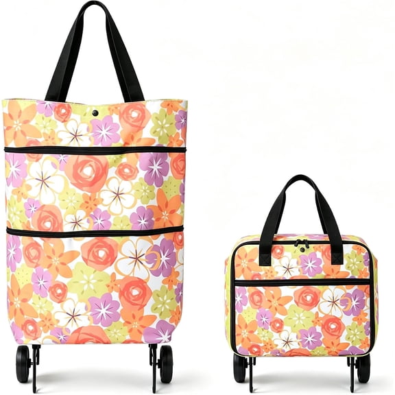 2-in-1 Foldable Rolling Shopping Cart w/ Wheels, Oxford Fabric Collapsible Tote, 23L, for Grocery, Parcel, Laundry, Travel & Apartment (#08)