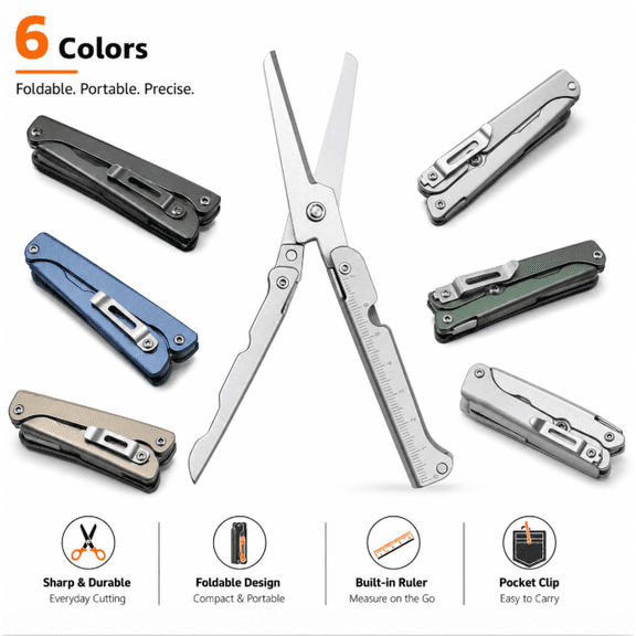 2-in-1 Foldable Scissors with Measuring Ruler, 14.5cm Stainless Steel Mini Portable EDC Scissors, Lightweight Multitool for Camping Outdoor Household Use - White