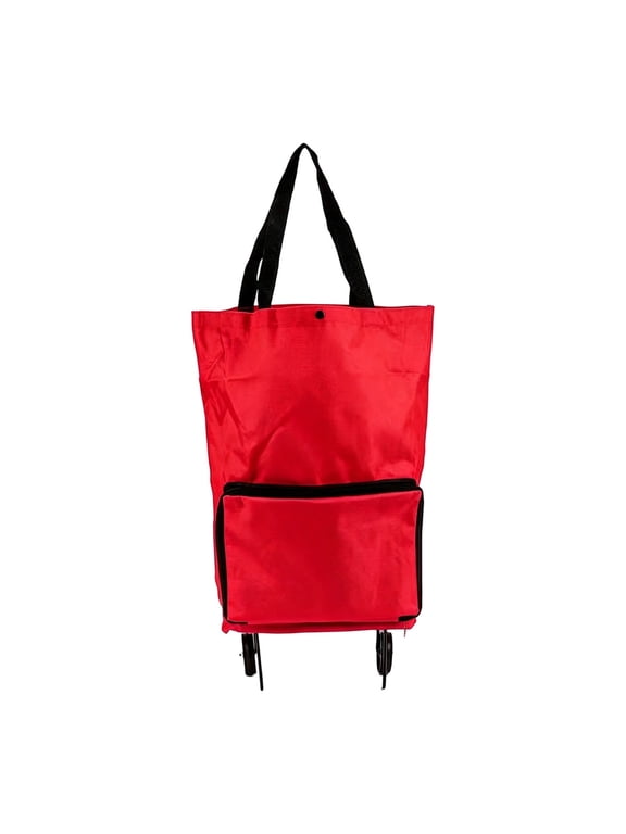 2‑in‑1 Foldable Shopping Cart Bag with Wheels, Expandable Zipper Collapsible Reusable Grocery Tote, Portable Rolling Trolley Bag for Supermarket Errands Travel Red