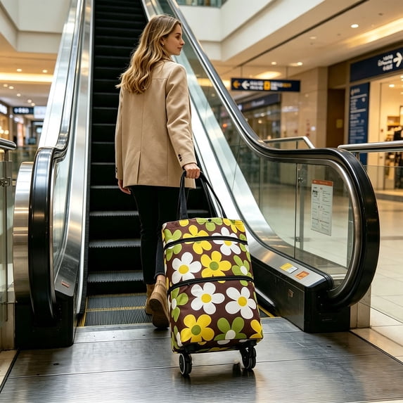 2âinâ1 Foldable Shopping Cart Bag with Wheels, Expandable Zipper Collapsible Reusable Grocery Tote, Portable Rolling Trolley Bag for Supermarket Errands Travel