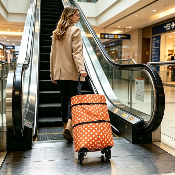 2‑in‑1 Foldable Shopping Cart Bag with Wheels, Expandable Zipper Collapsible Reusable Grocery Tote, Portable Rolling Trolley Bag for Supermarket Errands Travel Orange