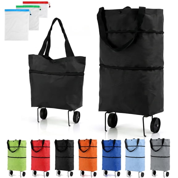 2-in-1 Foldable Shopping Cart, Large Capacity Rolling Grocery Tote with Sturdy Wheels, Collapsible Portable Bag for Shopping, Laundry, Travel and Home Use