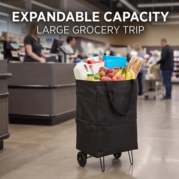 2 in 1 Foldable Shopping Cart with Wheels, Collapsible Rolling Tote Shoppings Bags for Supermarket and Travel