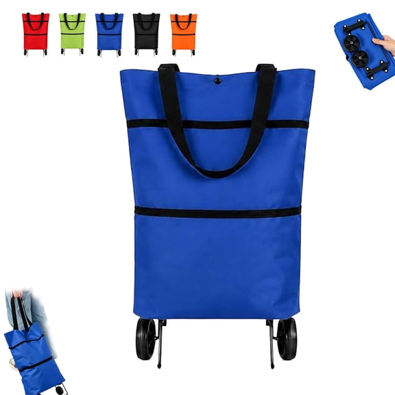 2 in 1 Foldable Shopping Cart with Wheels, Reusable Waterproof Collapsible Grocery Shopping Tote Bag, Carry-or-roll Design for Groceries and Travel