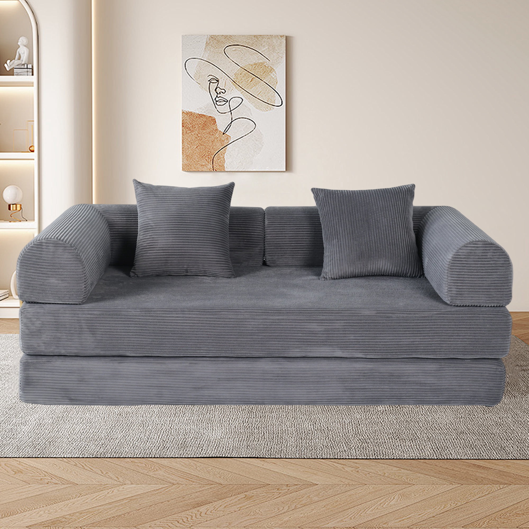 2-in-1 Foldable Sofa Bed 75 Inch Folding Couch Convertible Compressed Sleeper Sofabed Memory Foam Faux Fur Upholstered Cloud Couch Mattress Bed 2 Pillows Grey Ash