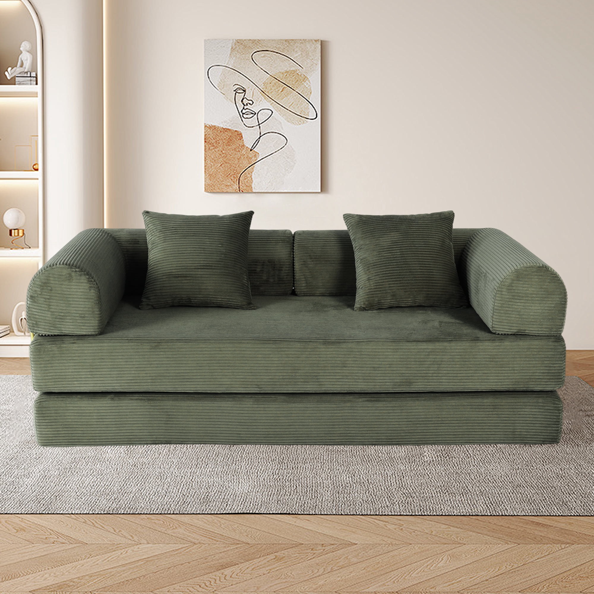 2-in-1 Foldable Sofa Bed 75 Inch Folding Couch Convertible Compressed Sleeper Sofabed Memory Foam Faux Fur Upholstered Cloud Couch Mattress Bed 2 Pillows Green