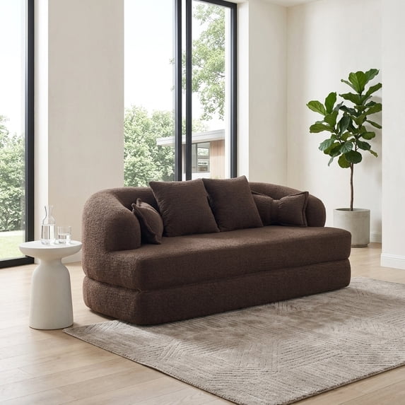2-in-1 Foldable Sofa Bed with 4 Pillows, 70 Inch Convertible Couch for Living Room Apartment, Brown