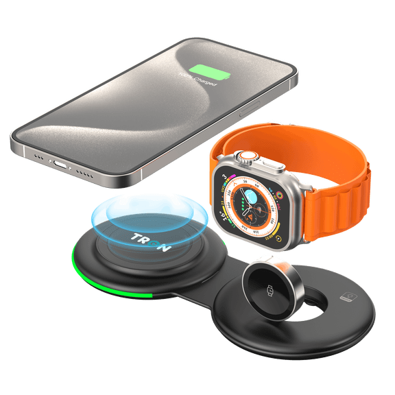 TRON 2 in 1 Foldable Wireless Charger, Magnetic 15W Phone and Watch Charging Station with 60W USB-C Cable, for iPhone 16 15 14 13, smart watch and wireless earbuds, Compact Travel Design