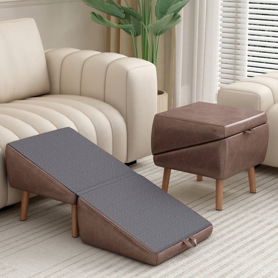 2-in-1 Foldable Wooden Dog Stairs & Ramp for Small Dogs Cats, Split Ottoman Design Brown