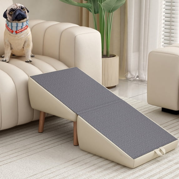 2-in-1 Foldable Wooden Dog Stairs & Ramp for Small Dogs Cats, Split Ottoman Design Light Grey