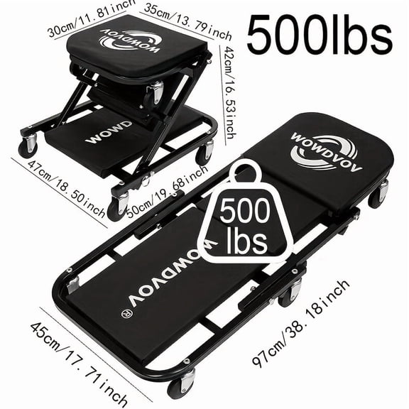 2-in-1 Foldable Z-Shape Auto Creeper Seat, 500/300lbs Load, Six 2.6" Wheels, Max 500lbs. Adjustable Caster Garage Repair Chair, Great Gift for Men