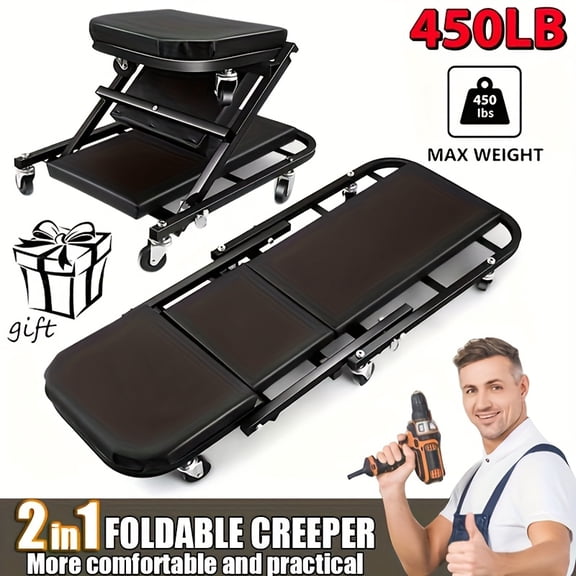 2-in-1 Foldable Z-Shape Auto Creeper Seat, 500/300lbs Load, Six 2.6" Wheels, Max 500lbs. Adjustable Caster Garage Repair Chair, Great Gift for Men