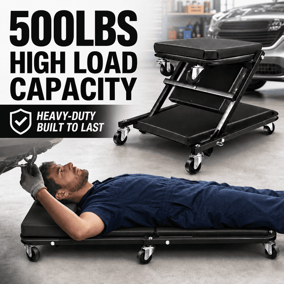 2-in-1 Foldable Z-Shape Auto Creeper Seat, 500lbs Load, Six 2.6" Wheels, Max 500lbs. Adjustable Caster Garage Repair Chair, Great Gift for Men