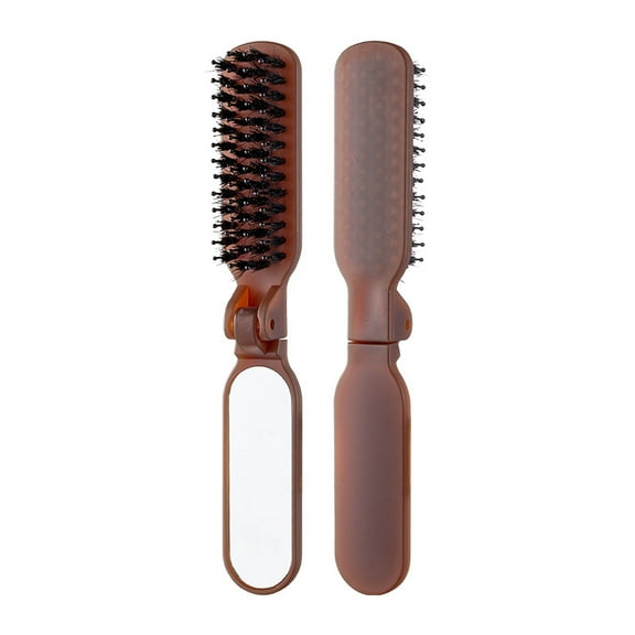 2-in-1 Folding Boar Bristle Mirror Hair Brush , Travel-Friendly, for Smooth & Voluminous Styling, Ideal for Oily & Flat Hair, Brown