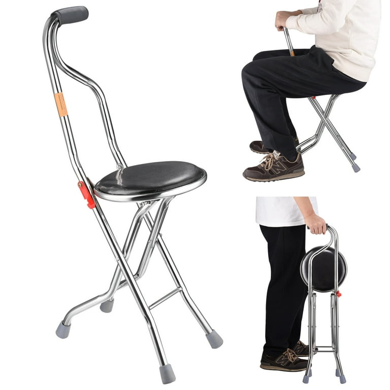 2 in 1 Folding Cane Chair Portable Thickening Travel Seat and Cane Adjustable Height Cane with Seat Lightweight Four Leg Folding Walking Stick Thickening Travel Seat and Cane Stainless Steel Walmart.c...